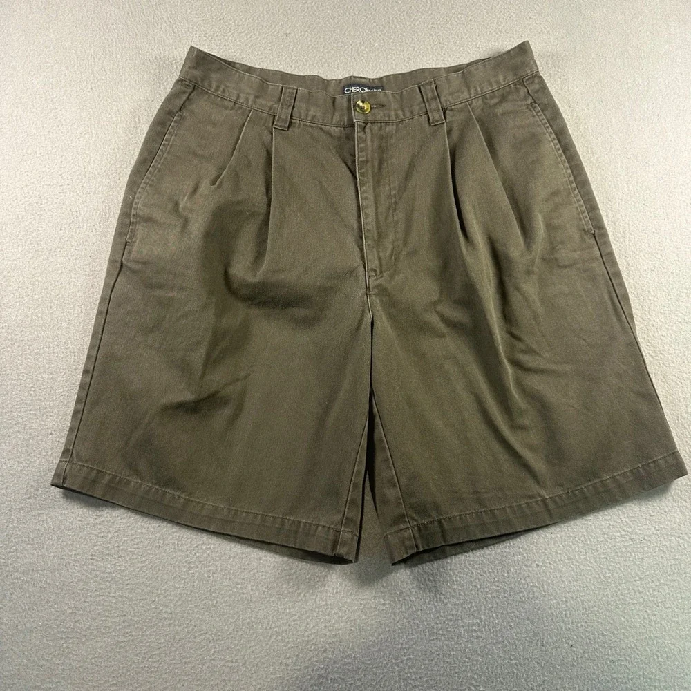 Cherokee Brand Mens 34 Pleated Chino Shorts Olive Green Cotton Blend Casual 8in